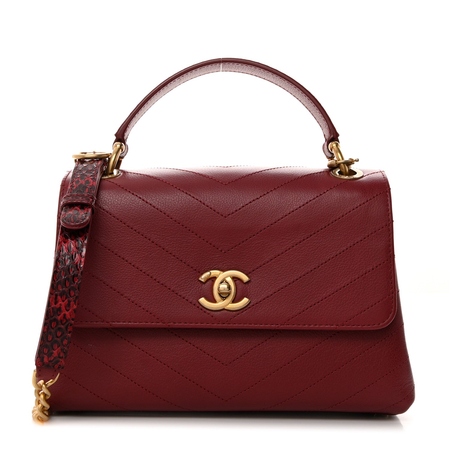 Chanel Grained Calfskin Snakeskin Small Chevron Chic Top Handle Flap Red 1 of 10
