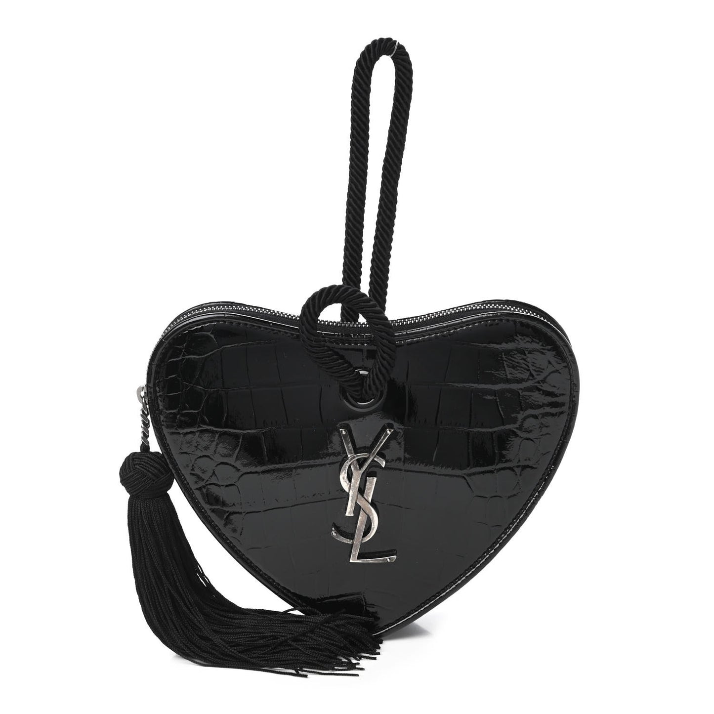 Patent Crocodile Embossed Sac Coeur Heart Shaped Clutch Black