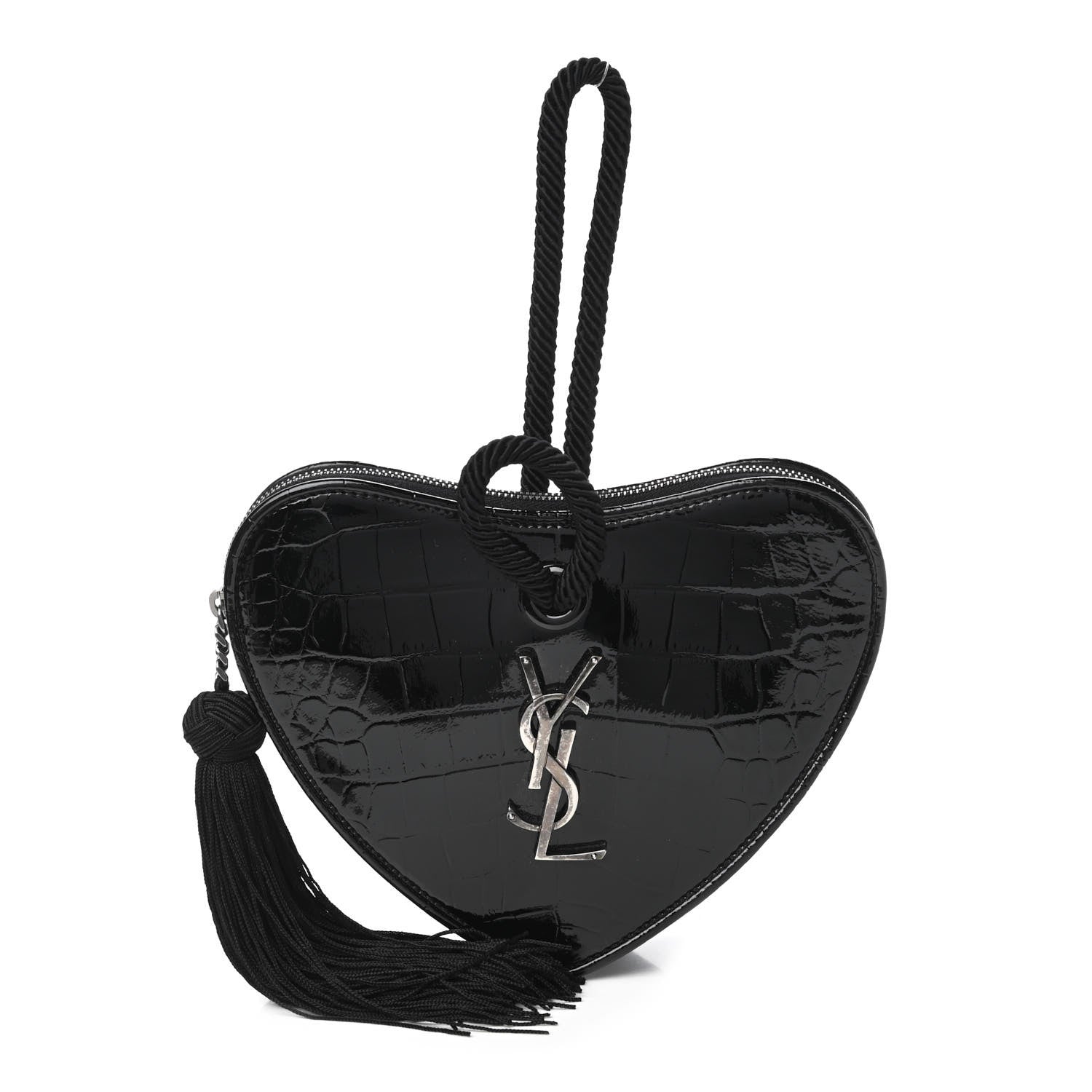 Saint Laurent Patent Crocodile Embossed Sac Coeur Heart Shaped Clutch Black 1 of 10