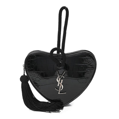 Saint Laurent Patent Crocodile Embossed Sac Coeur Heart Shaped Clutch Black 1 of 10