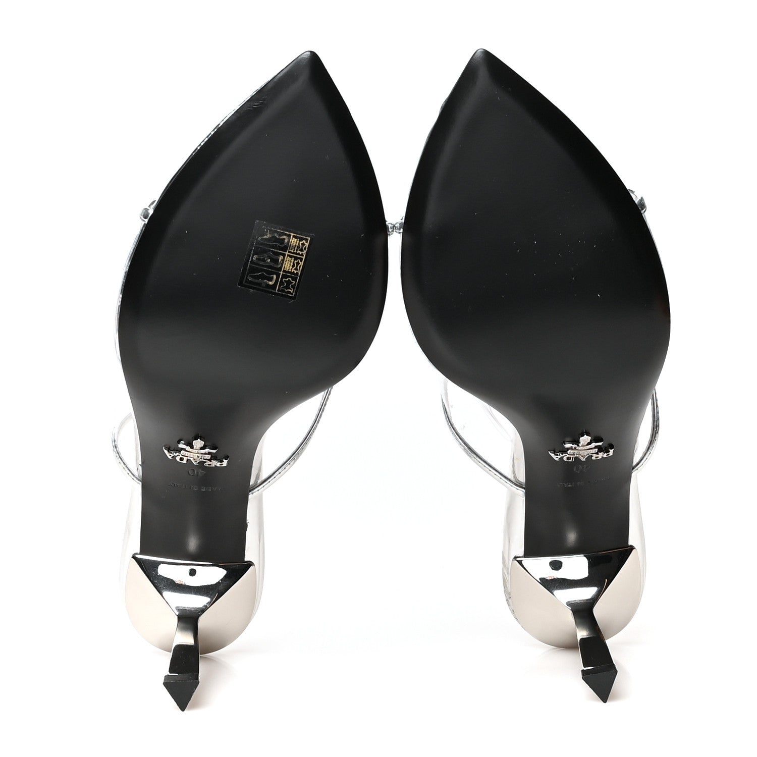 Prada Plexiglass Metallic Calfskin Metal Triangle Logo 75mm Slide Sandals 40 Argento 5 of 7
