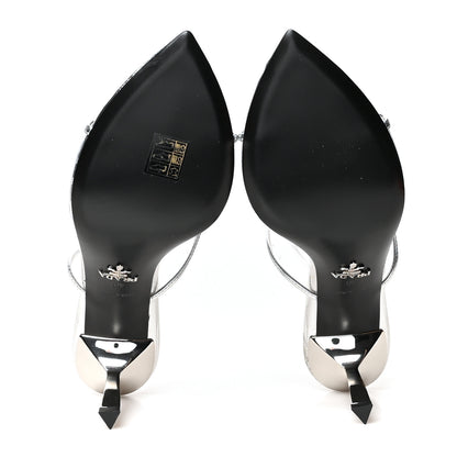 Prada Plexiglass Metallic Calfskin Metal Triangle Logo 75mm Slide Sandals 40 Argento 5 of 7