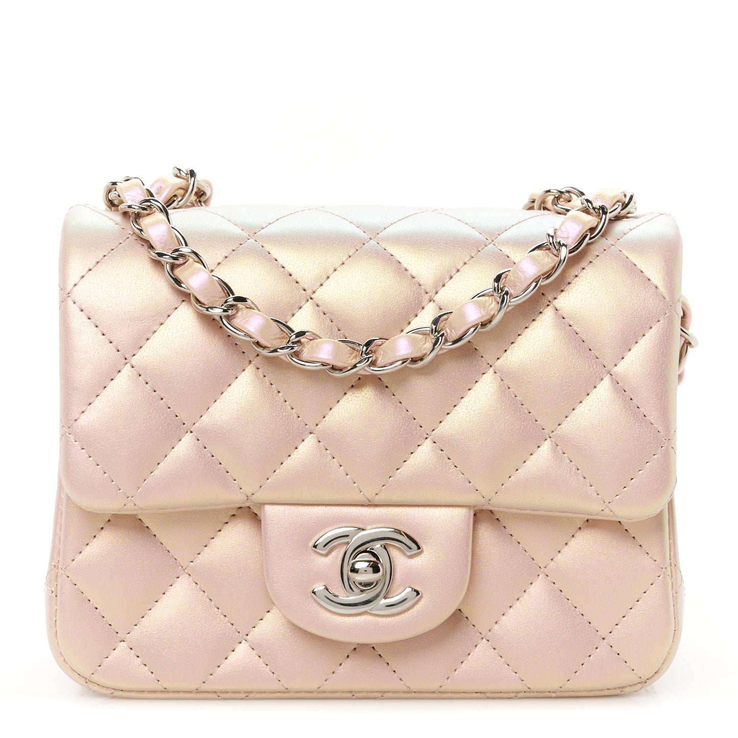 Iridescent Calfskin Quilted Mini Square Flap Pink