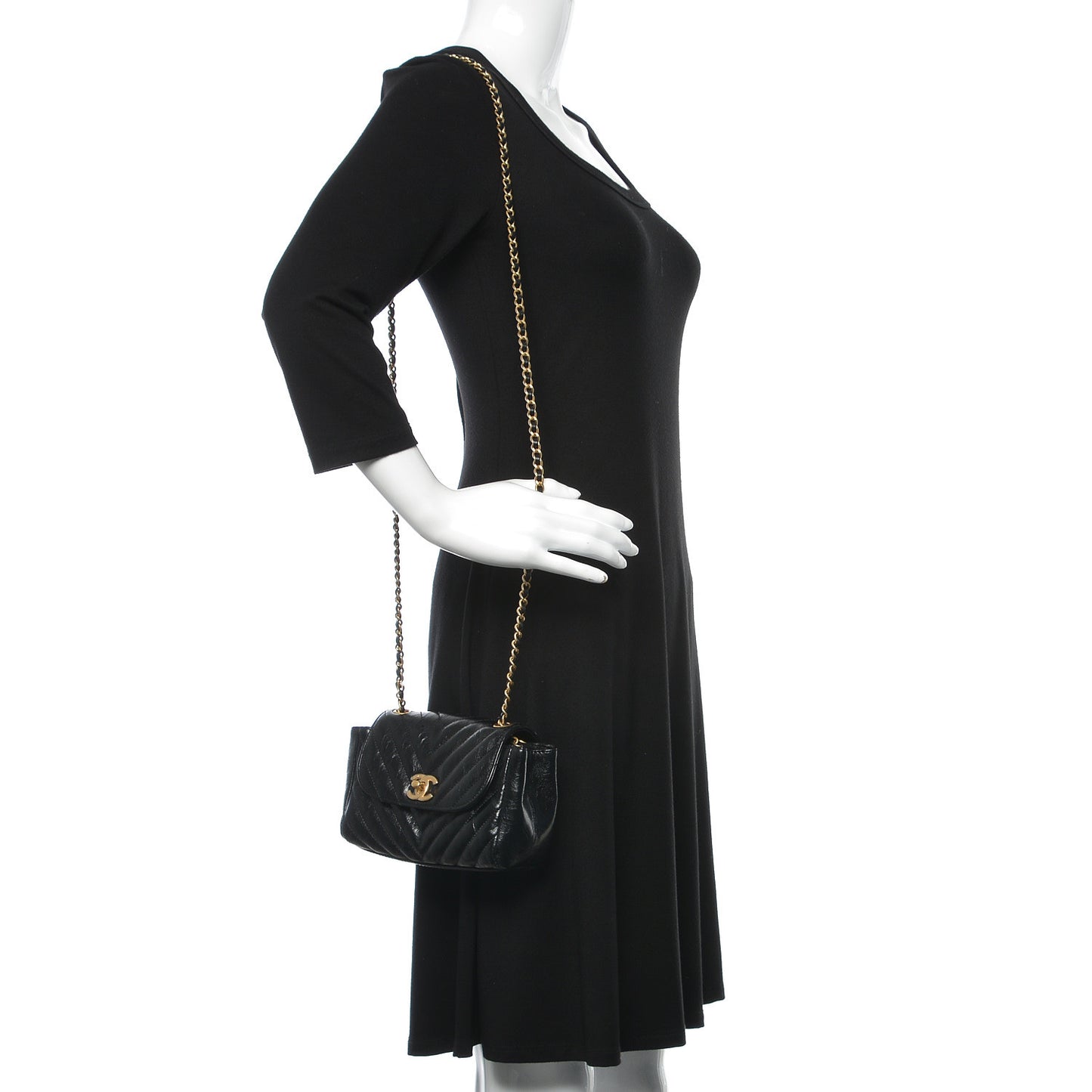 Glazed Calfskin Chevron Quilted Small Hampton Flap Black