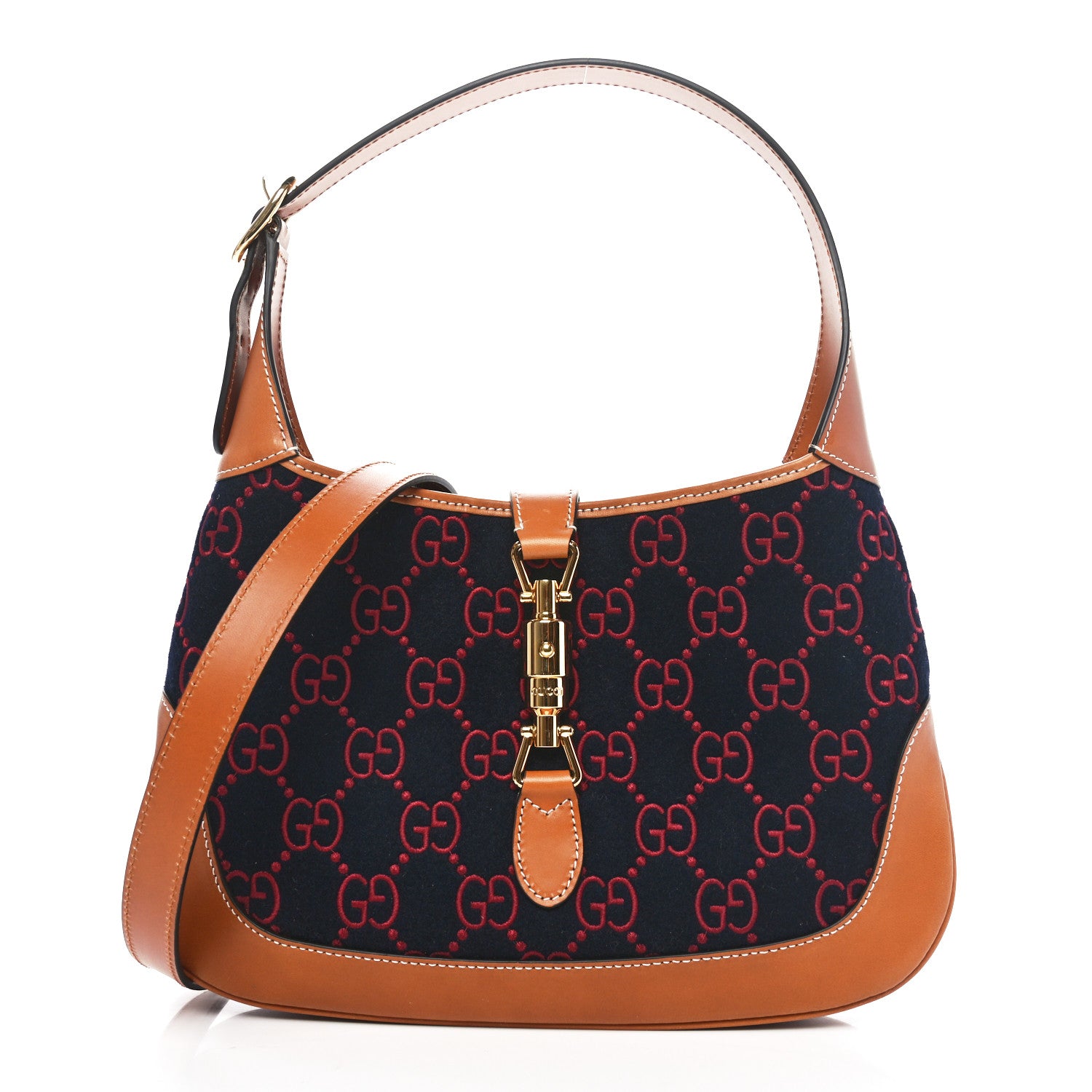 Gucci Monogram Felt Azalea Calfskin Web Small Jackie 1961 Hobo Navy Burgundy 1 of 11