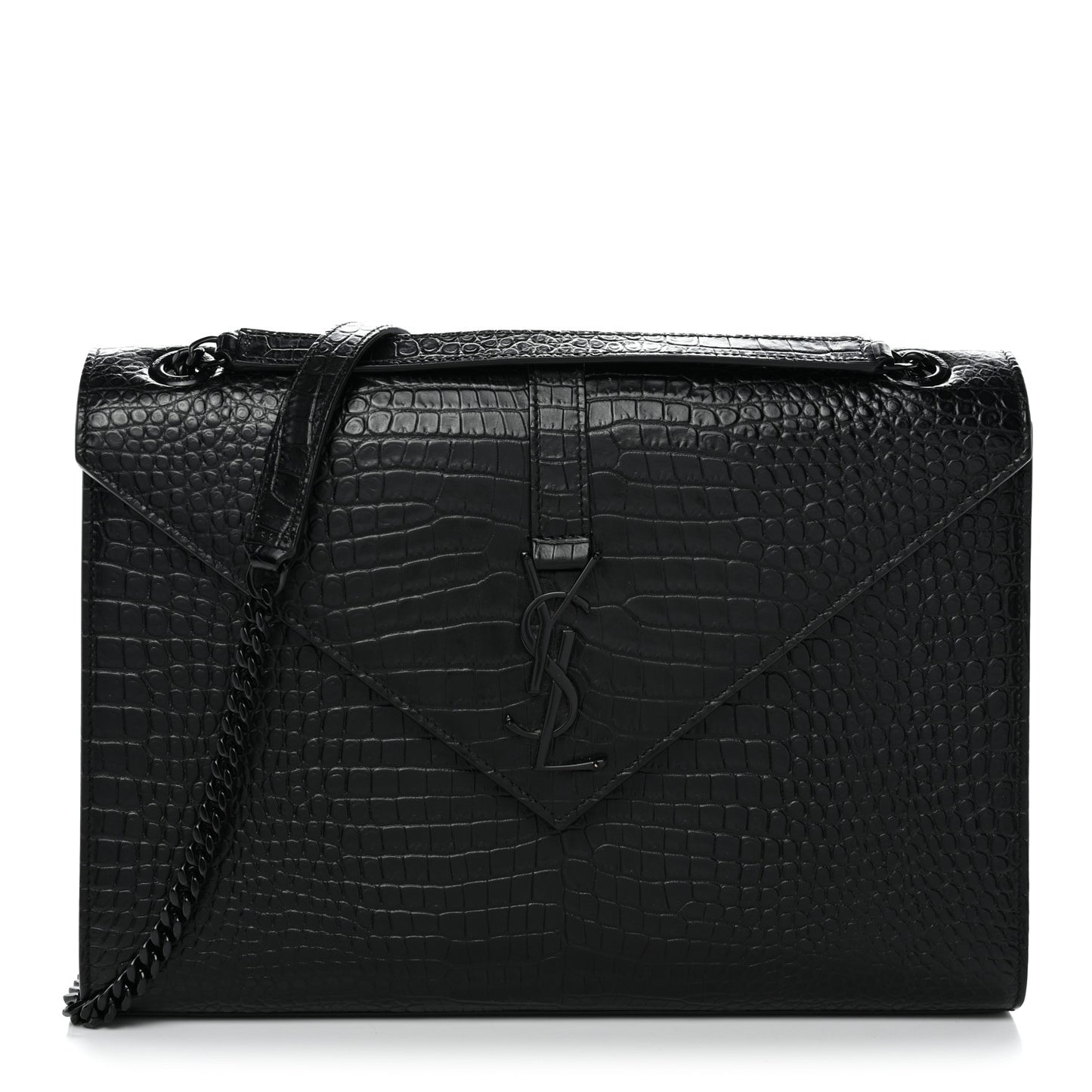 Calfskin Crocodile Embossed Monogram Large Satchel Black