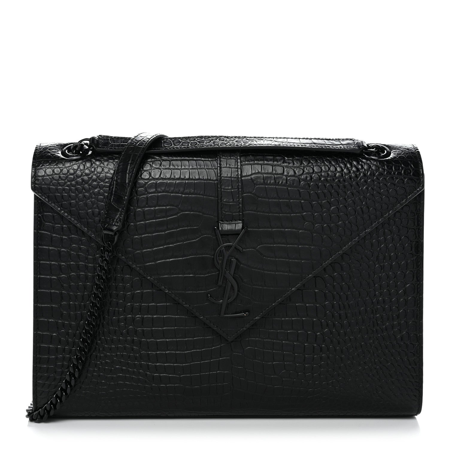 Saint Laurent Calfskin Crocodile Embossed Monogram Large Satchel Black 1 of 10