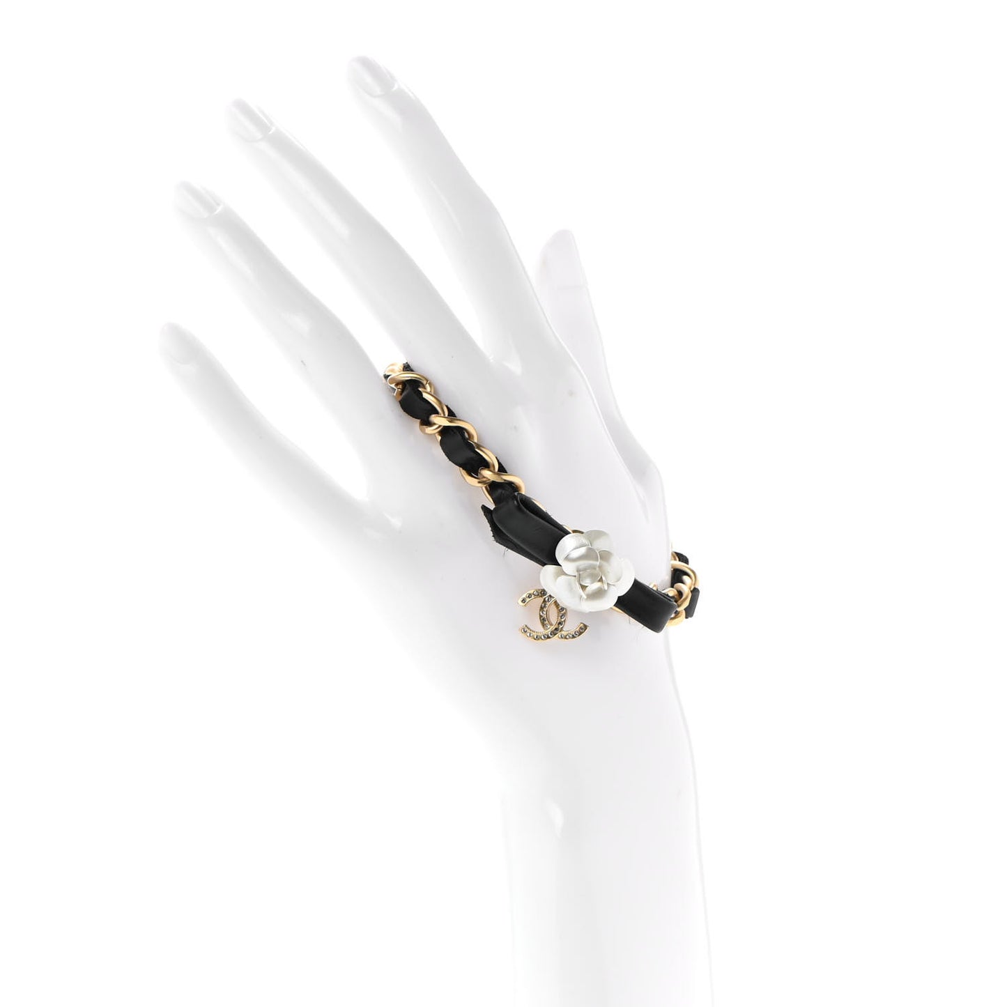 Metal Calfskin Crystal Chain 90's Camellia Bracelet Black Gold