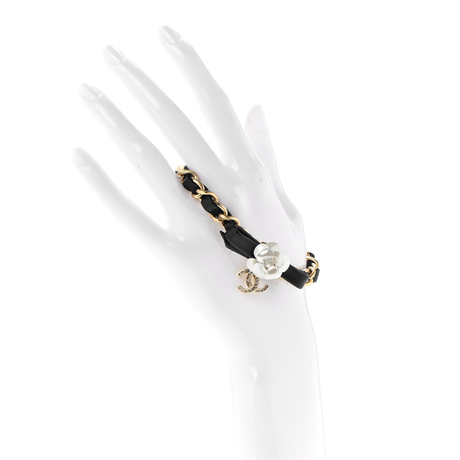 Chanel Metal Calfskin Crystal Chain 90's Camellia Bracelet Black Gold 2 of 6
