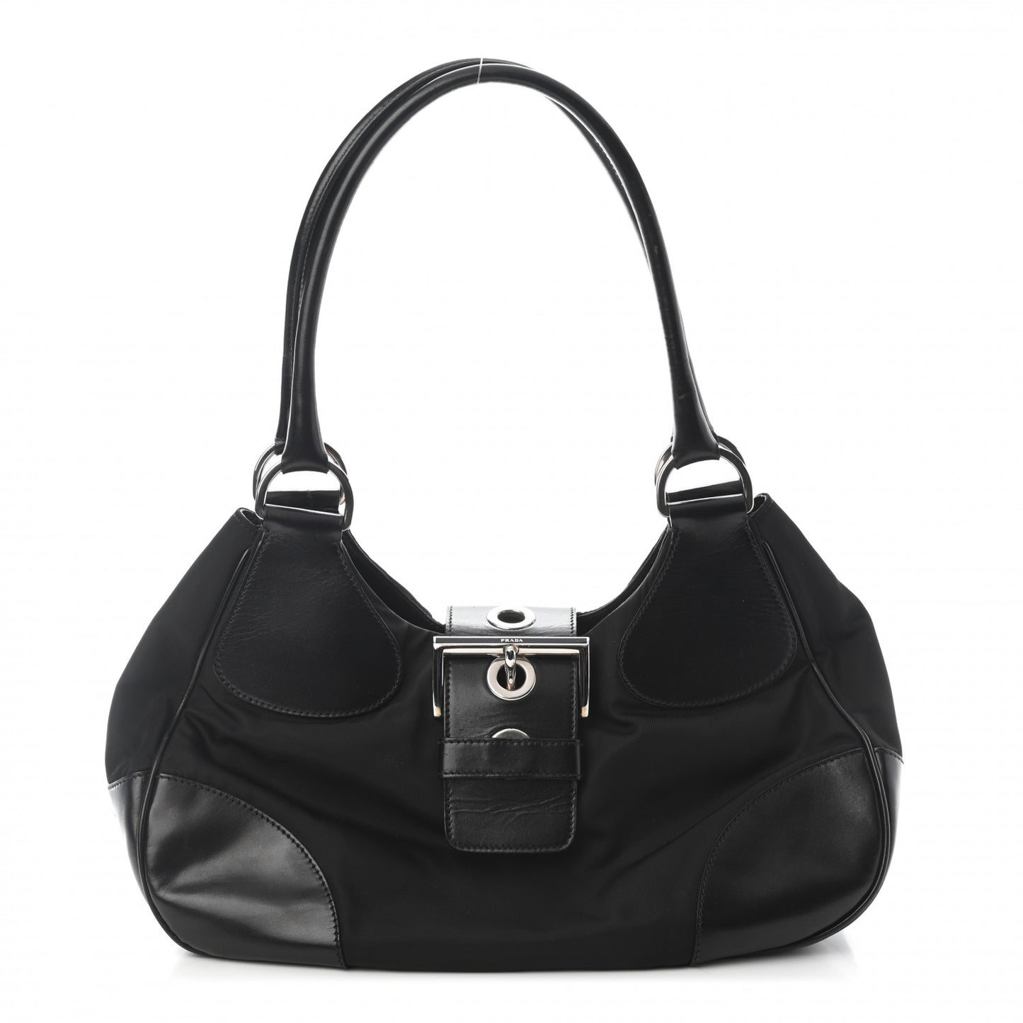 Nylon Calfskin Buckle Shoulder Bag Black