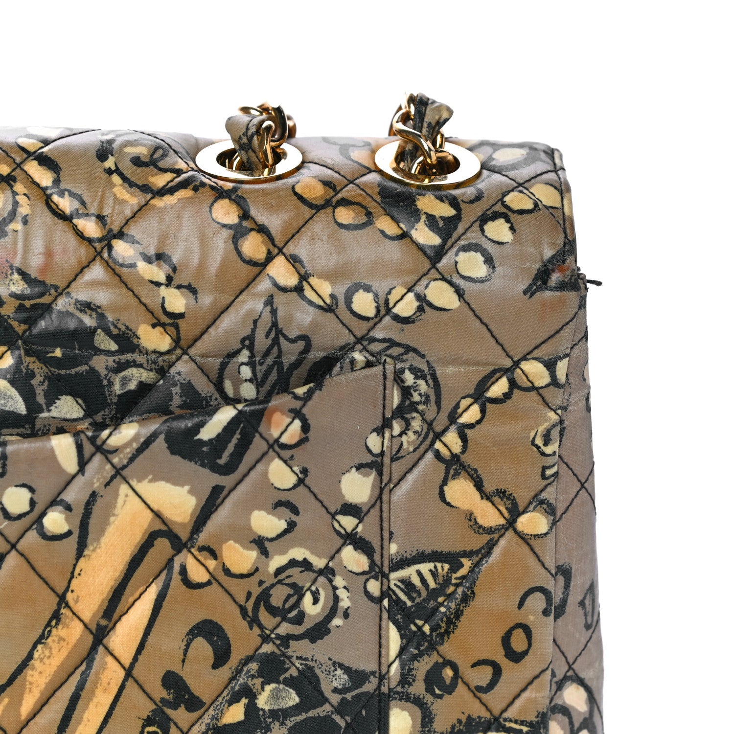 Chanel Coated Canvas Printed Quilted Medium Single Flap Black Beige Multicolor 15 of 16