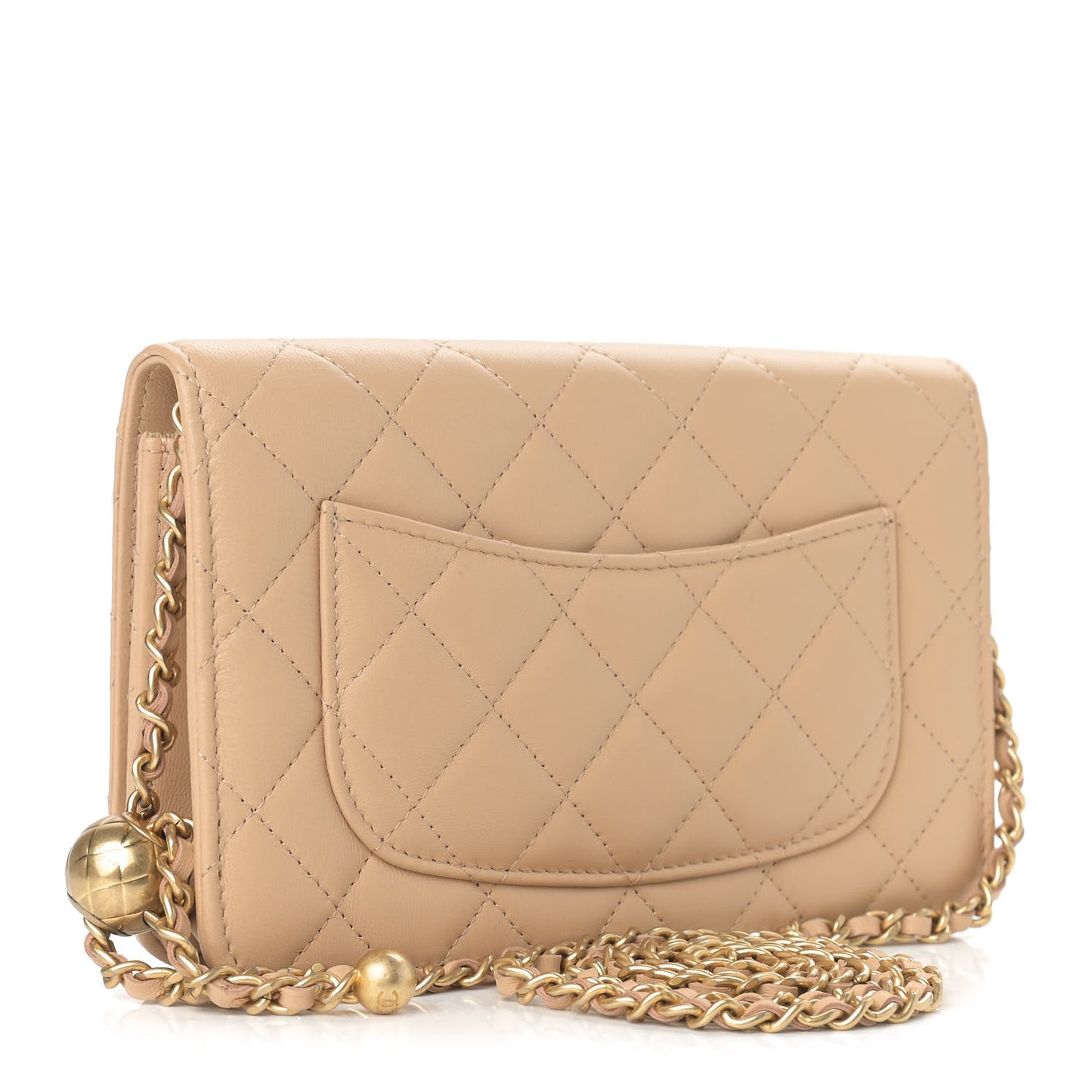 Lambskin Quilted CC Pearl Crush Wallet on Chain WOC Beige