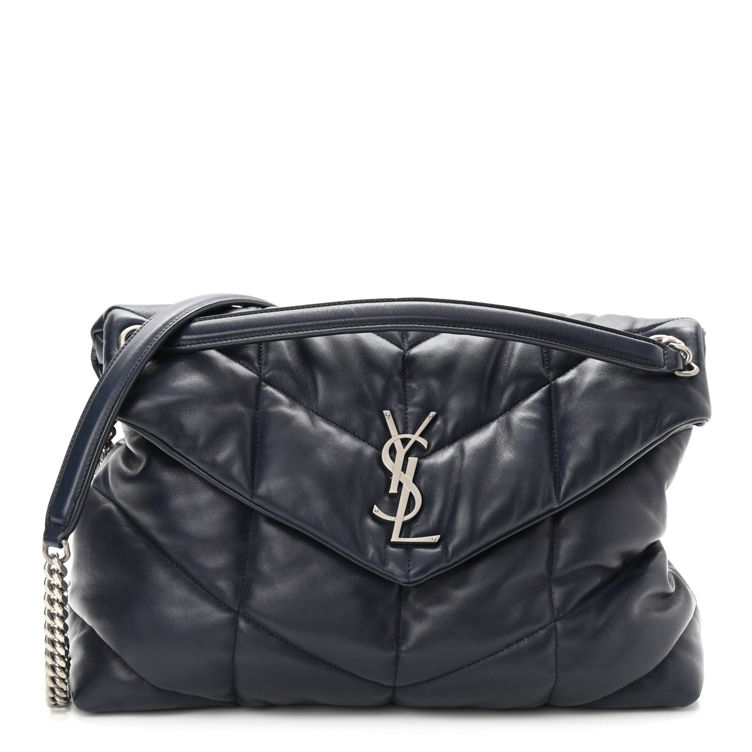 Saint Laurent Lambskin Quilted Medium Loulou Puffer Monogram Chain Satchel Navy 1 of 9