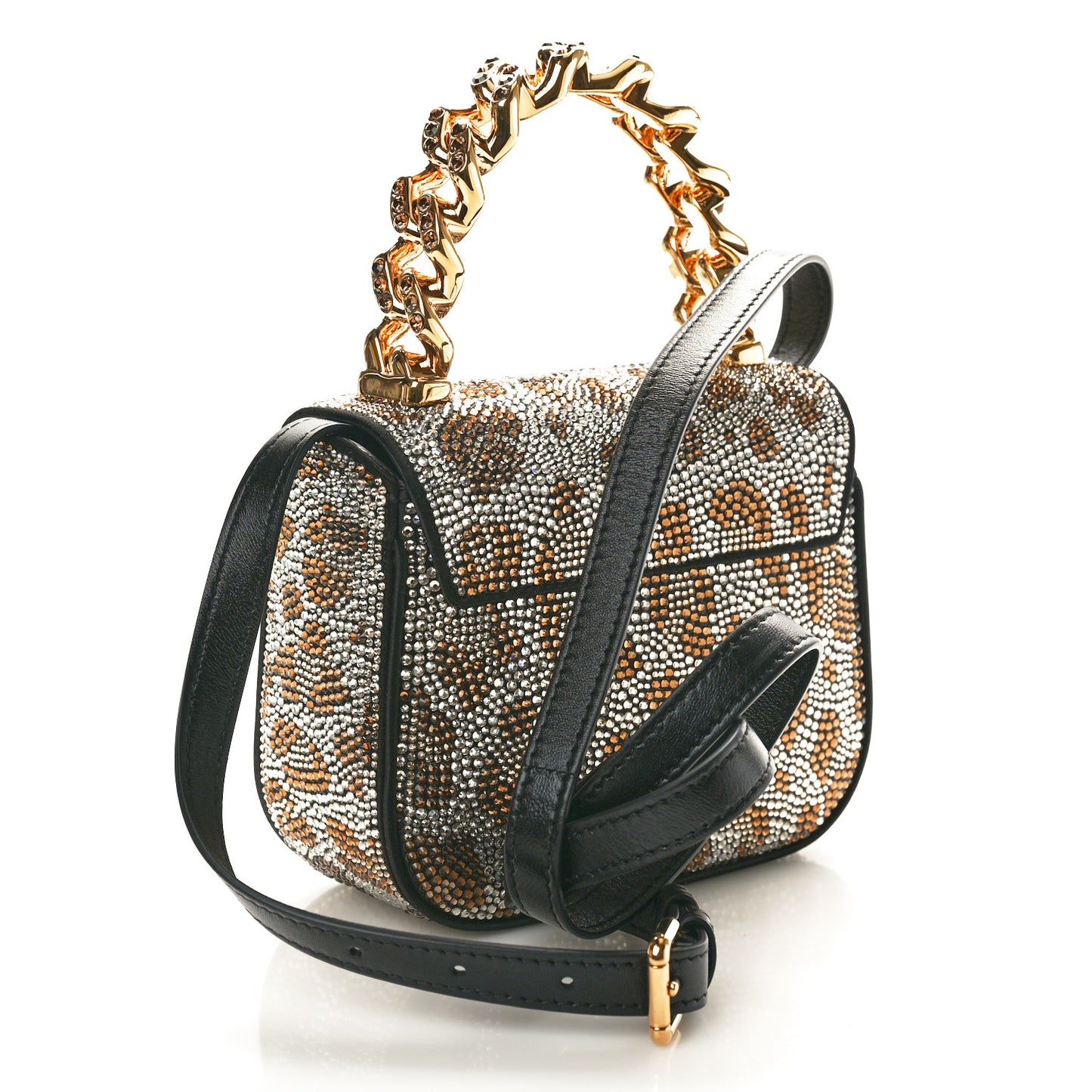 Satin Crystal Studded Leopard Mini La Medusa Bag Black