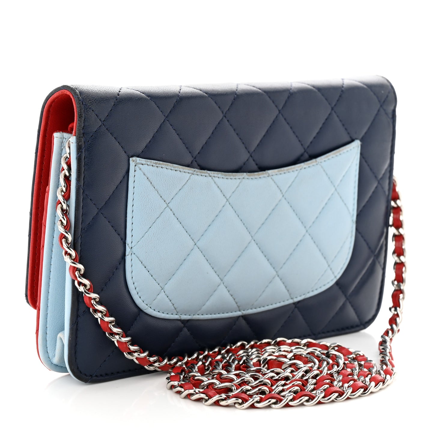 Lambskin Quilted Tri-Color Wallet On Chain WOC Red Blue