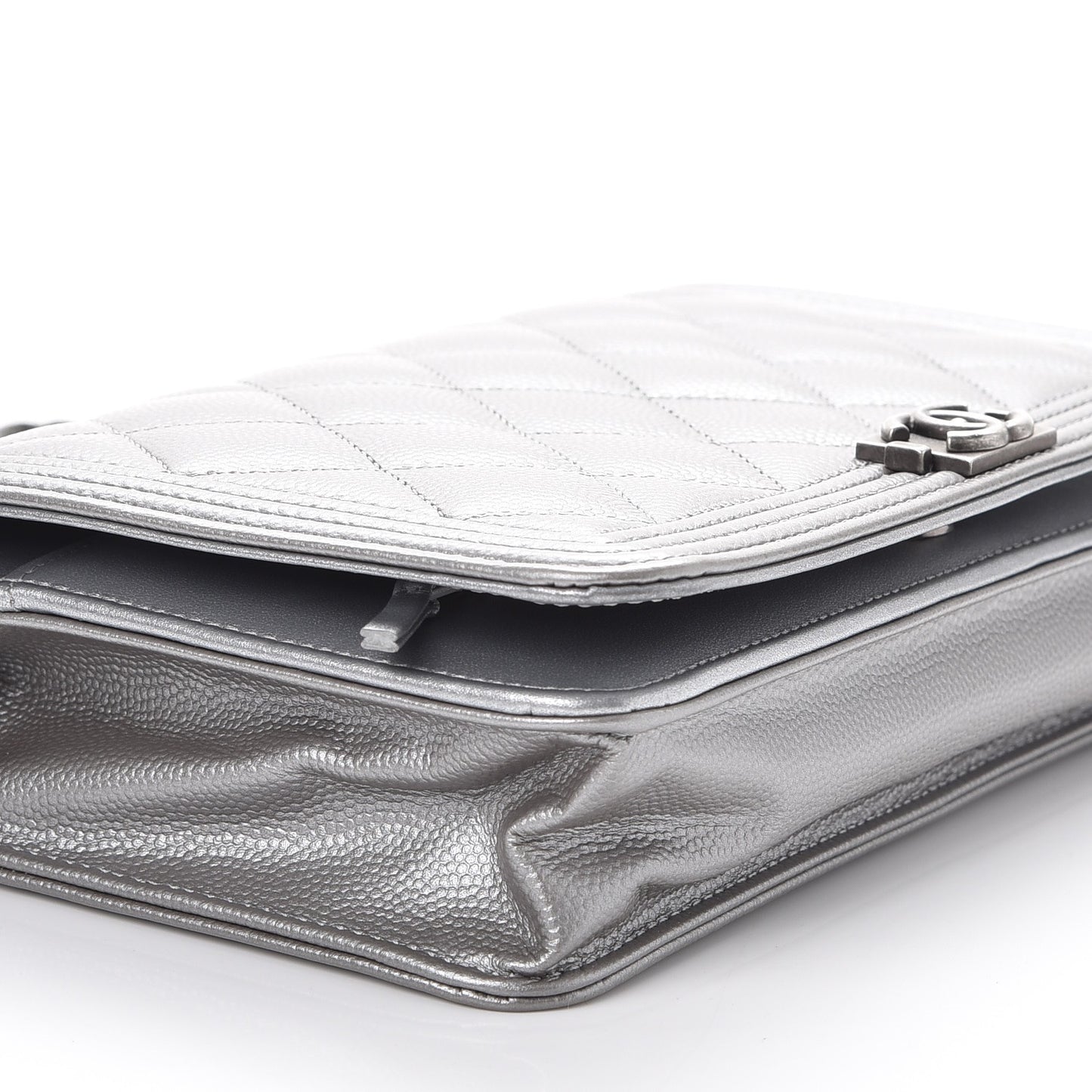 Metallic Caviar Quilted Boy Wallet On Chain WOC Silver