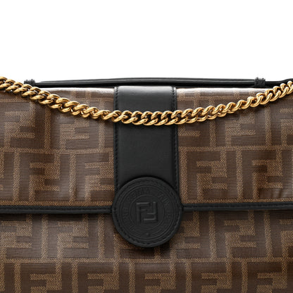Fendi Vitello Grace Glazed Fabric FF 1974 Double F Shoulder Bag Black Mogano Panna 8 of 12