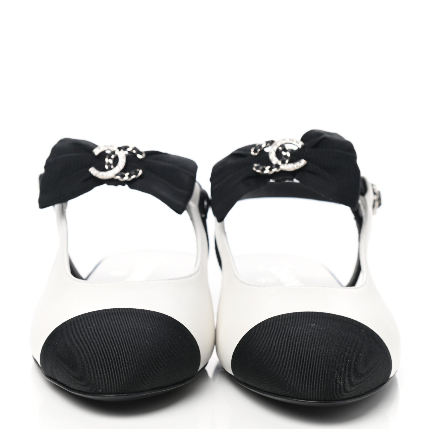 Chanel Lambskin Grosgrain Crystal Chain CC Logo Bow Slingback Flats 38 White Black 2 of 9