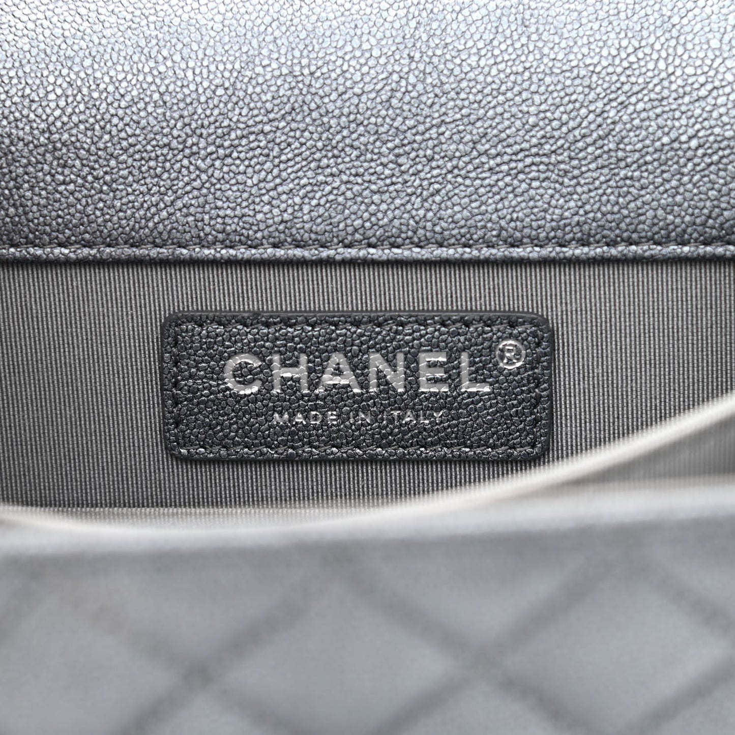 Iridescent Caviar Quilted North South Boy Flap Grey