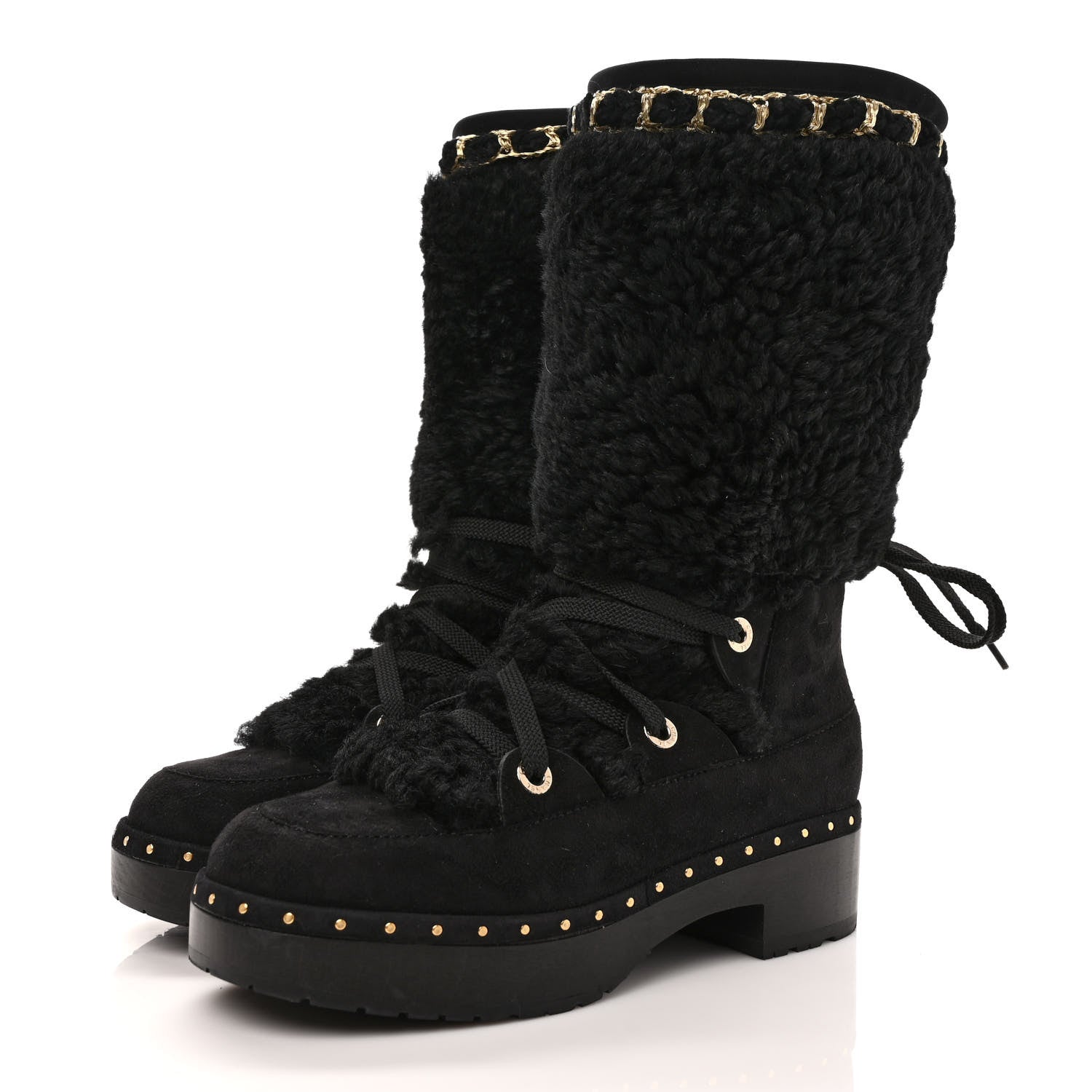 Chanel Suede Shearling Chain Studded CC High Boot 38 Black 3 of 9