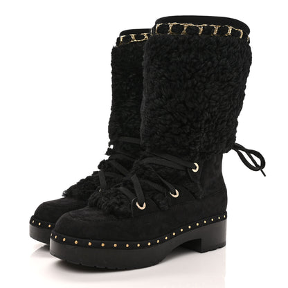 Chanel Suede Shearling Chain Studded CC High Boot 38 Black 3 of 9