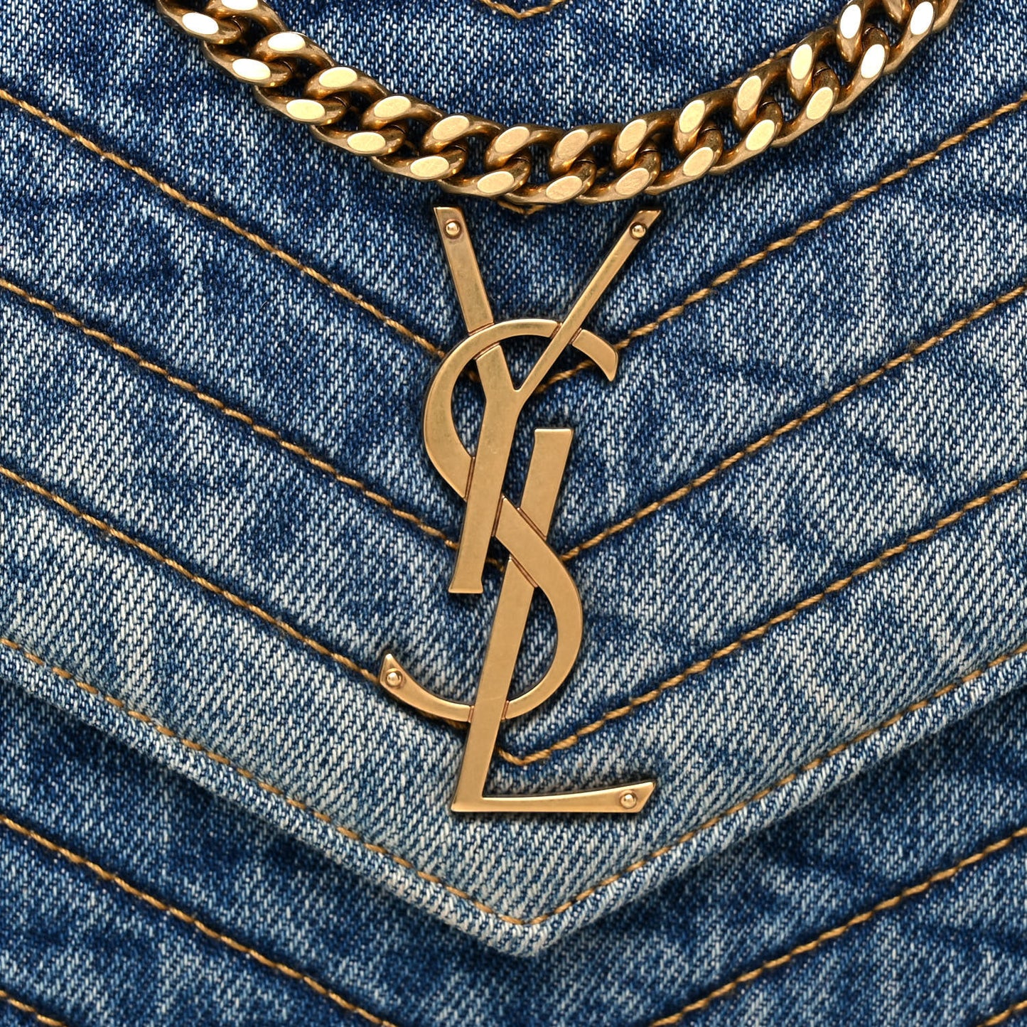 Denim Matelasse Chevron Monogram Chain Wallet Blue Jeans