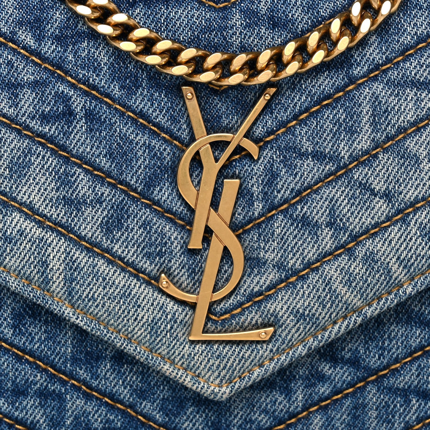 Saint Laurent Denim Matelasse Chevron Monogram Chain Wallet Blue Jeans 3 of 11