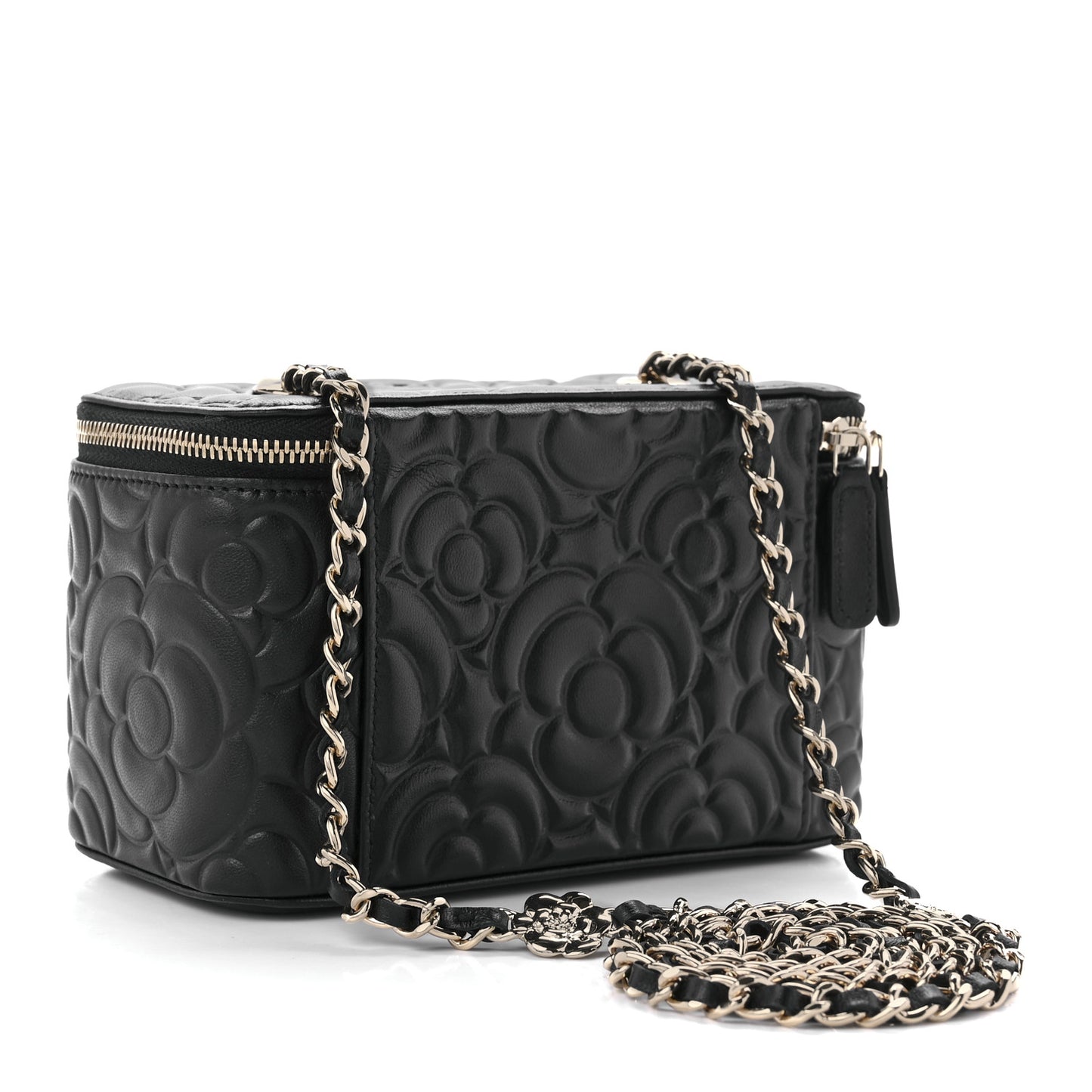 Lambskin Camellia Embossed Small Vanity Case With Chain Black