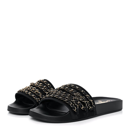 Chanel Satin Canvas Chain Slides Sandals Flats 41 Marine 3 of 10