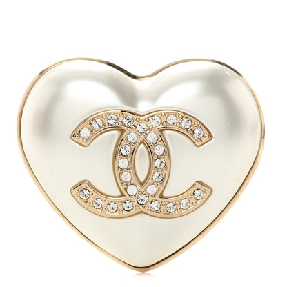 Chanel Resin Crystal CC Heart Brooch Pearly White Gold 1 of 4
