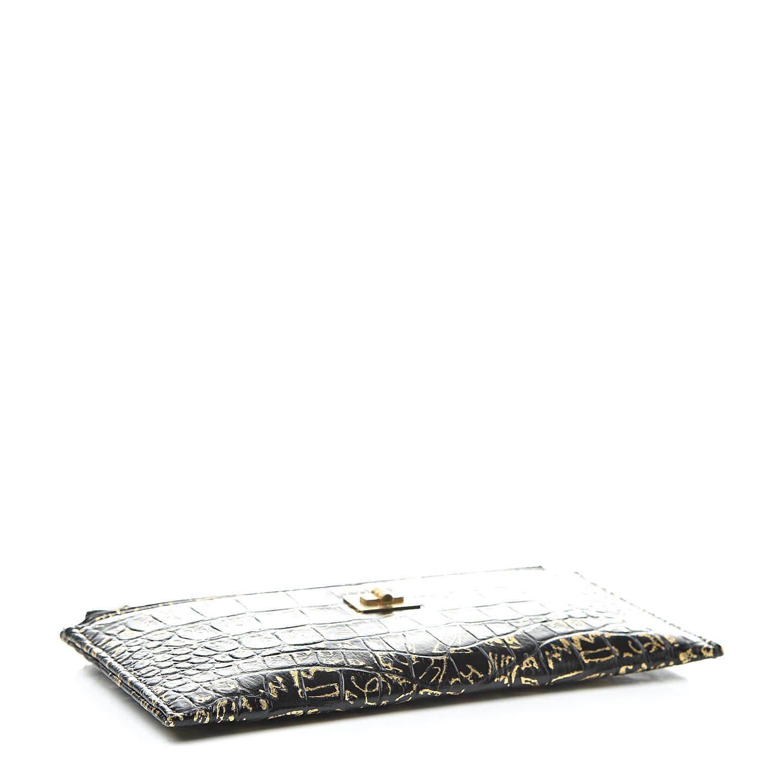 Chanel Calfskin Crocodile Embossed Graffiti 2.55 Cocodile Reissue Zip Pouch Black Gold 4 of 8