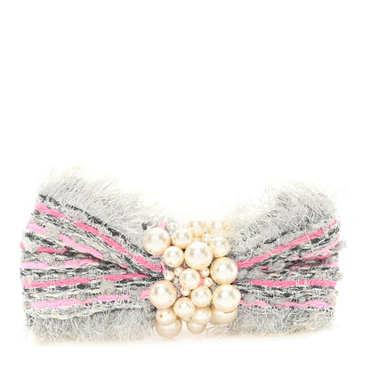 Chanel Metallic Tweed Pearl Bow Barrette Grey Pink 1 of 4
