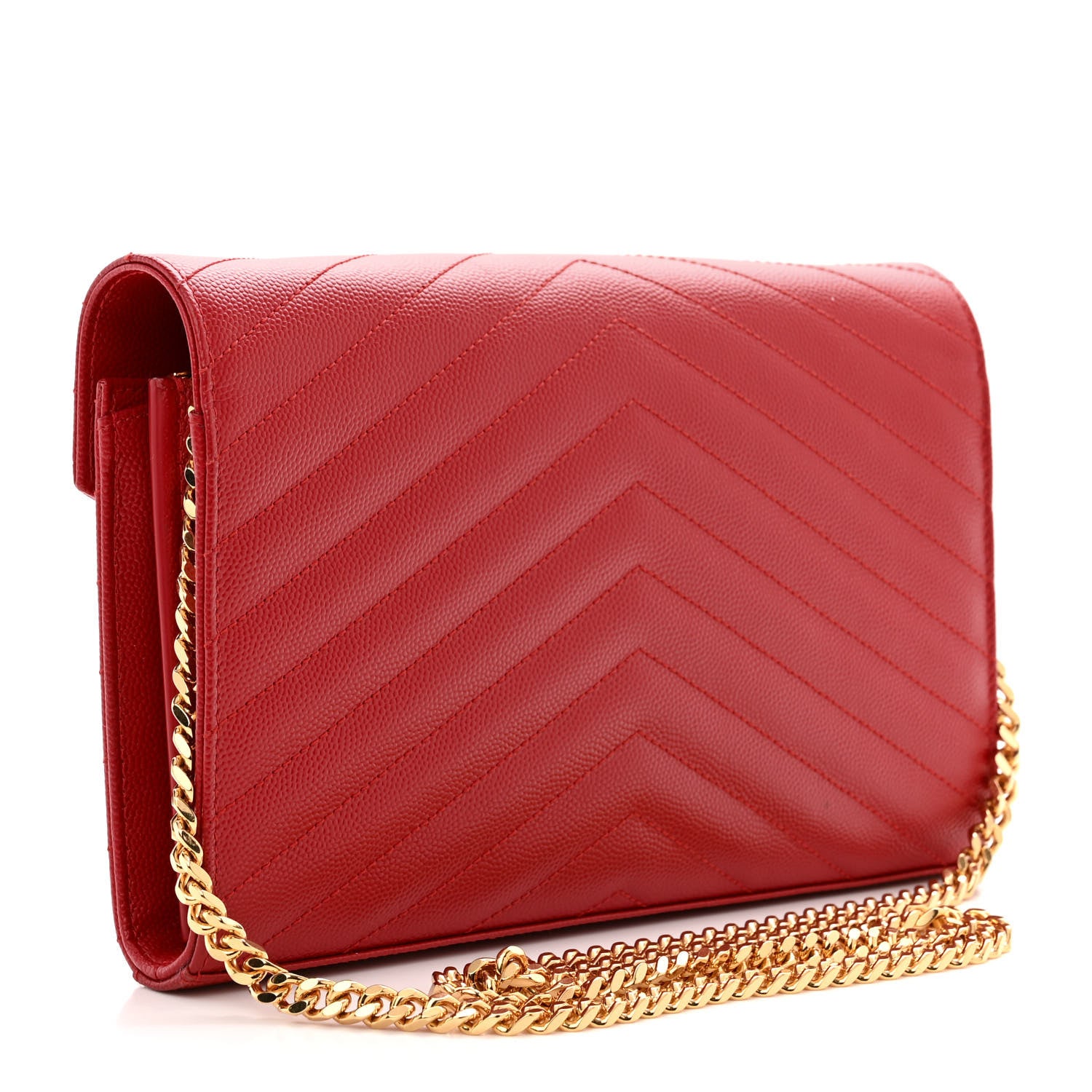 Saint Laurent Grain De Poudre Matelasse Chevron Monogram Chain Wallet New Red 3 of 14