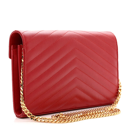 Saint Laurent Grain De Poudre Matelasse Chevron Monogram Chain Wallet New Red 3 of 14