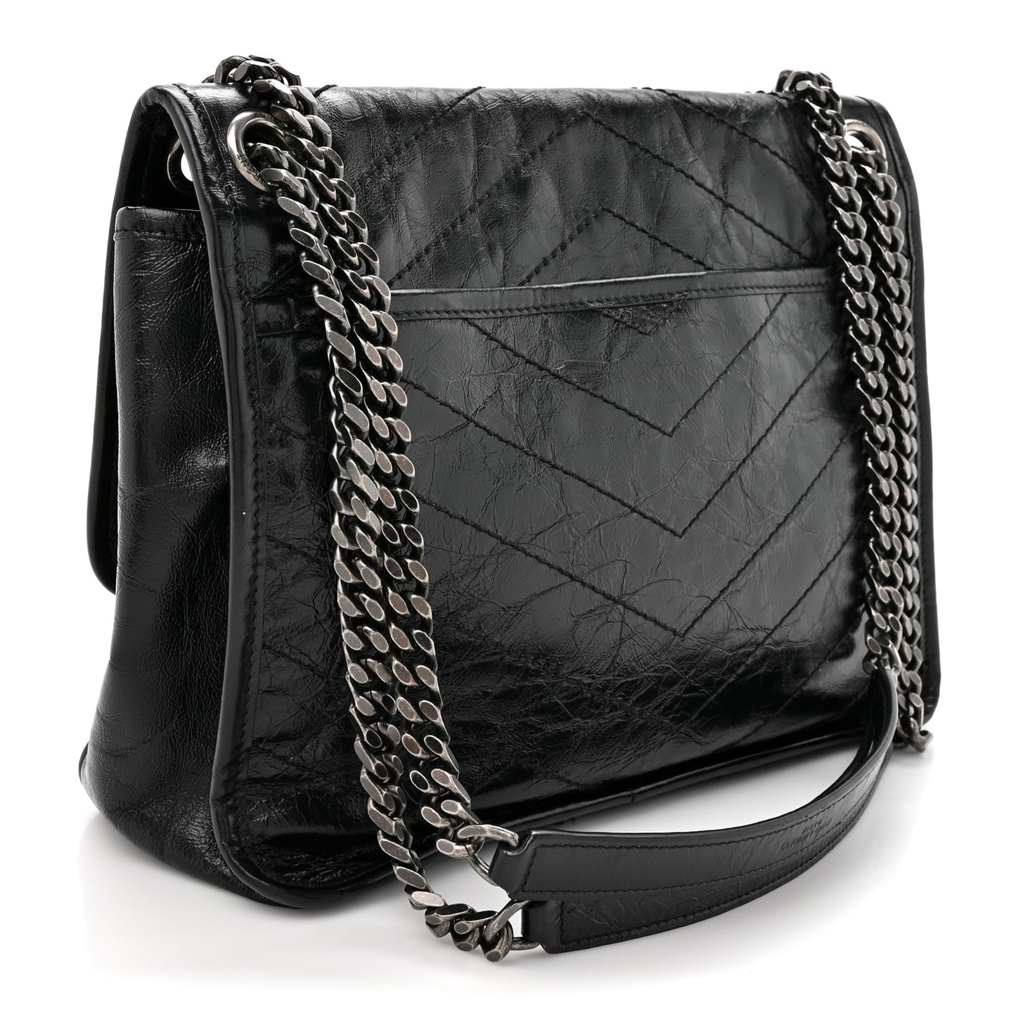 Crinkled Calfskin Matelasse Monogram Medium Niki Chain Satchel Black