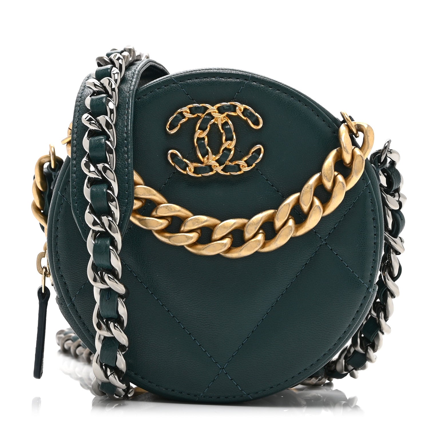 Chanel Lambskin Quilted Chanel 19 Round Clutch With Chain Green 1 of 10