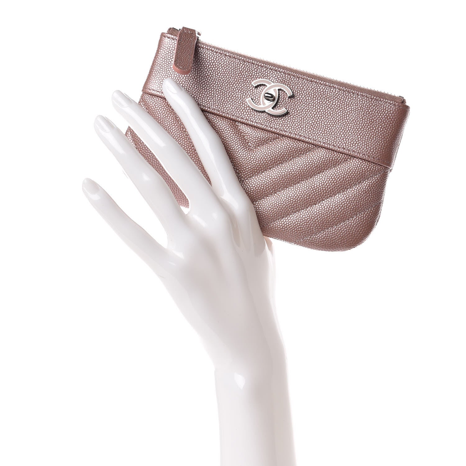 Chanel Metallic Caviar Chevron Quilted Small Vintage Mademoiselle Cosmetic Case Pink 2 of 10