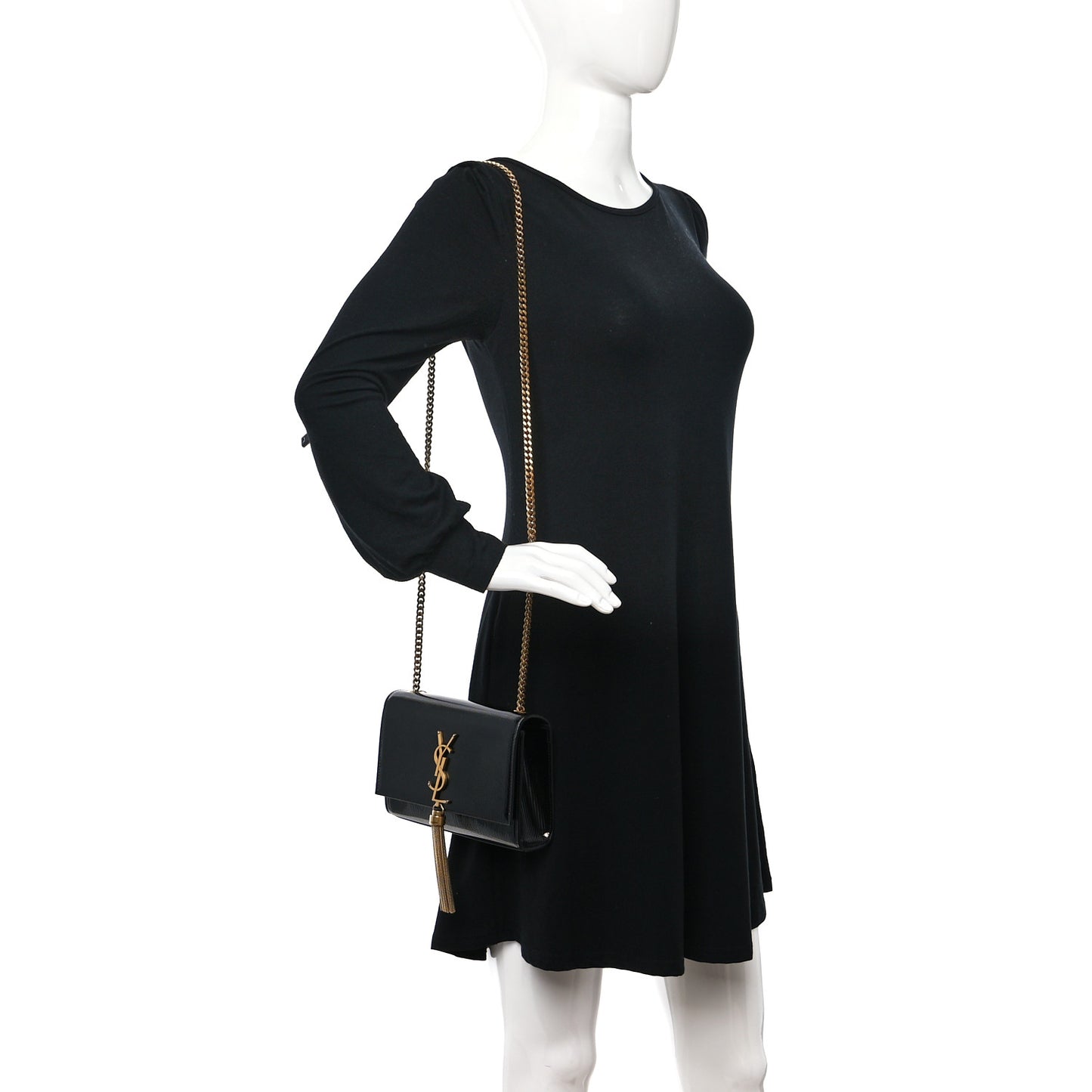 Patent Linear Embossed Small Classic Monogram Kate Tassel Satchel Black