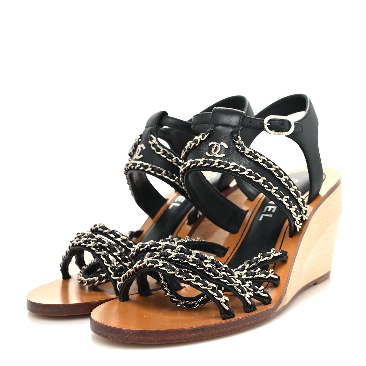 Lambskin Quilted Chain Wedge Sandals 37 Black