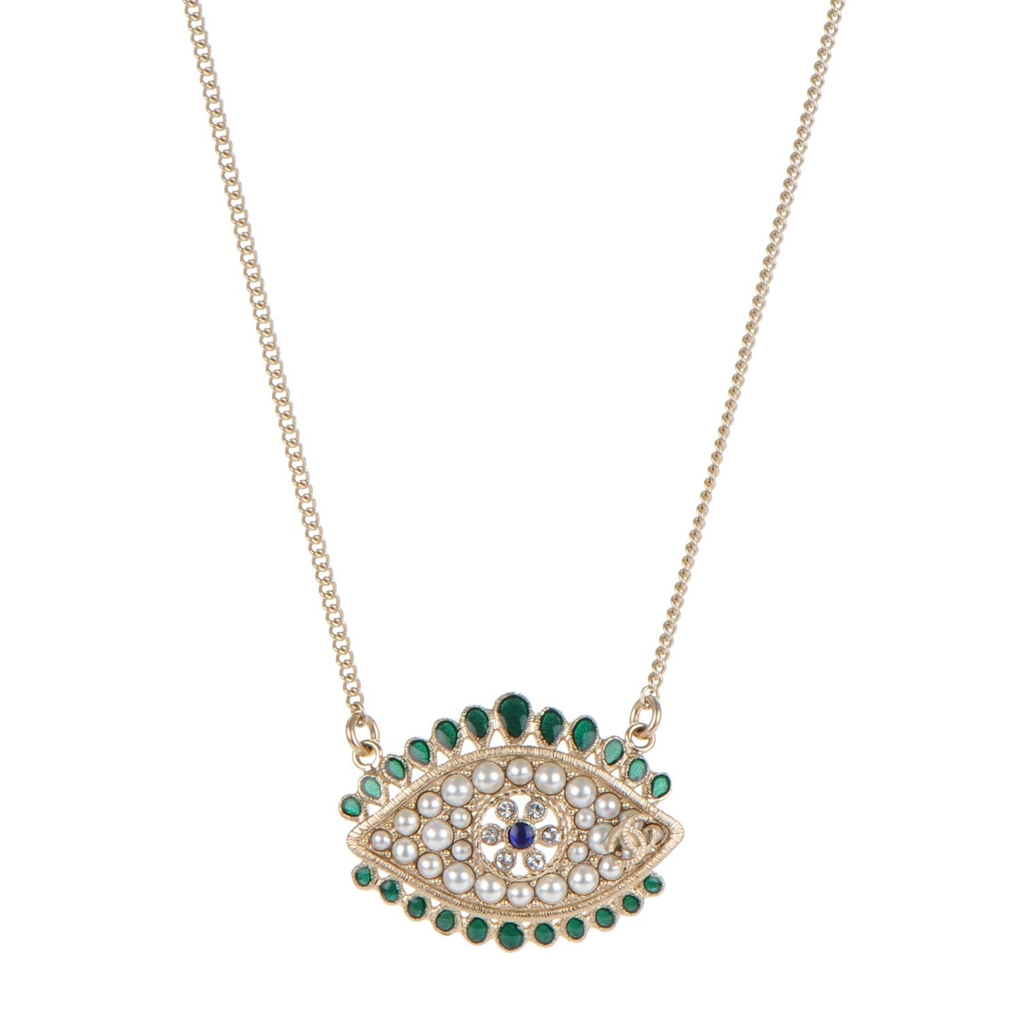 Resin Crystal Glass Pearl Eye Pendant Necklace Gold Multicolor
