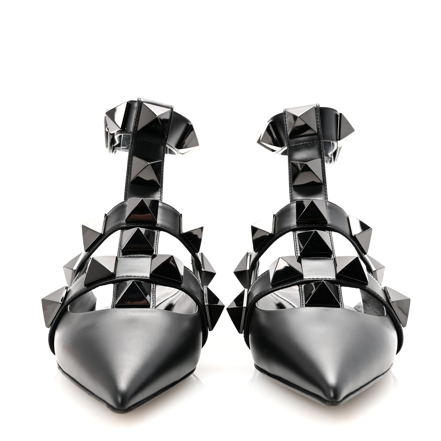 Calfskin Monochrome Roman Stud Ankle Strap Flat Mules 35 Black