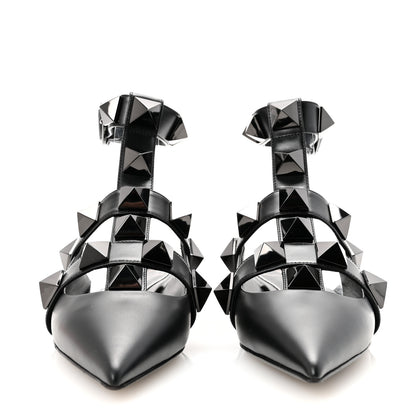 Valentino Garavani Calfskin Monochrome Roman Stud Ankle Strap Flat Mules 35 Black 3 of 9