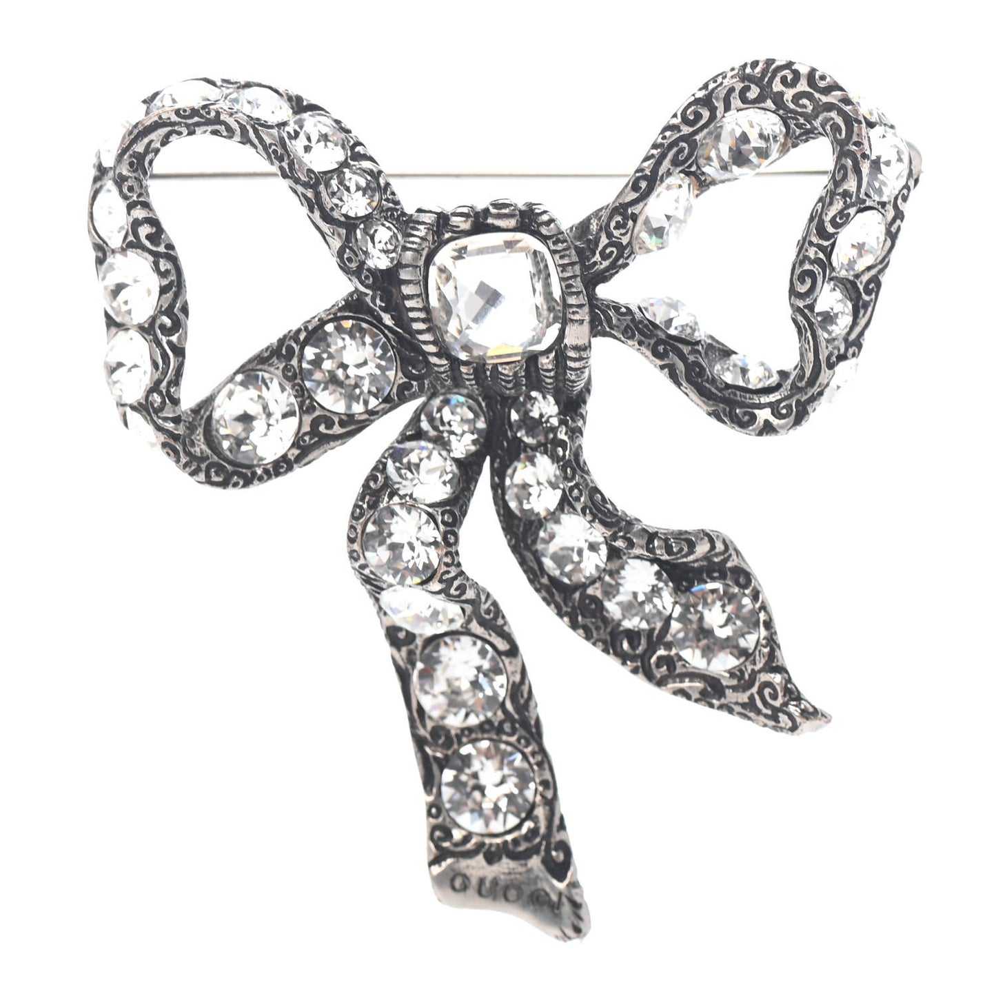 Metal Crystal Bow Brooch Silver