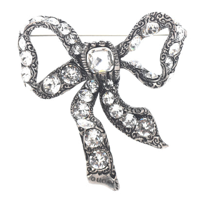 Gucci Metal Crystal Bow Brooch Silver 1 of 2