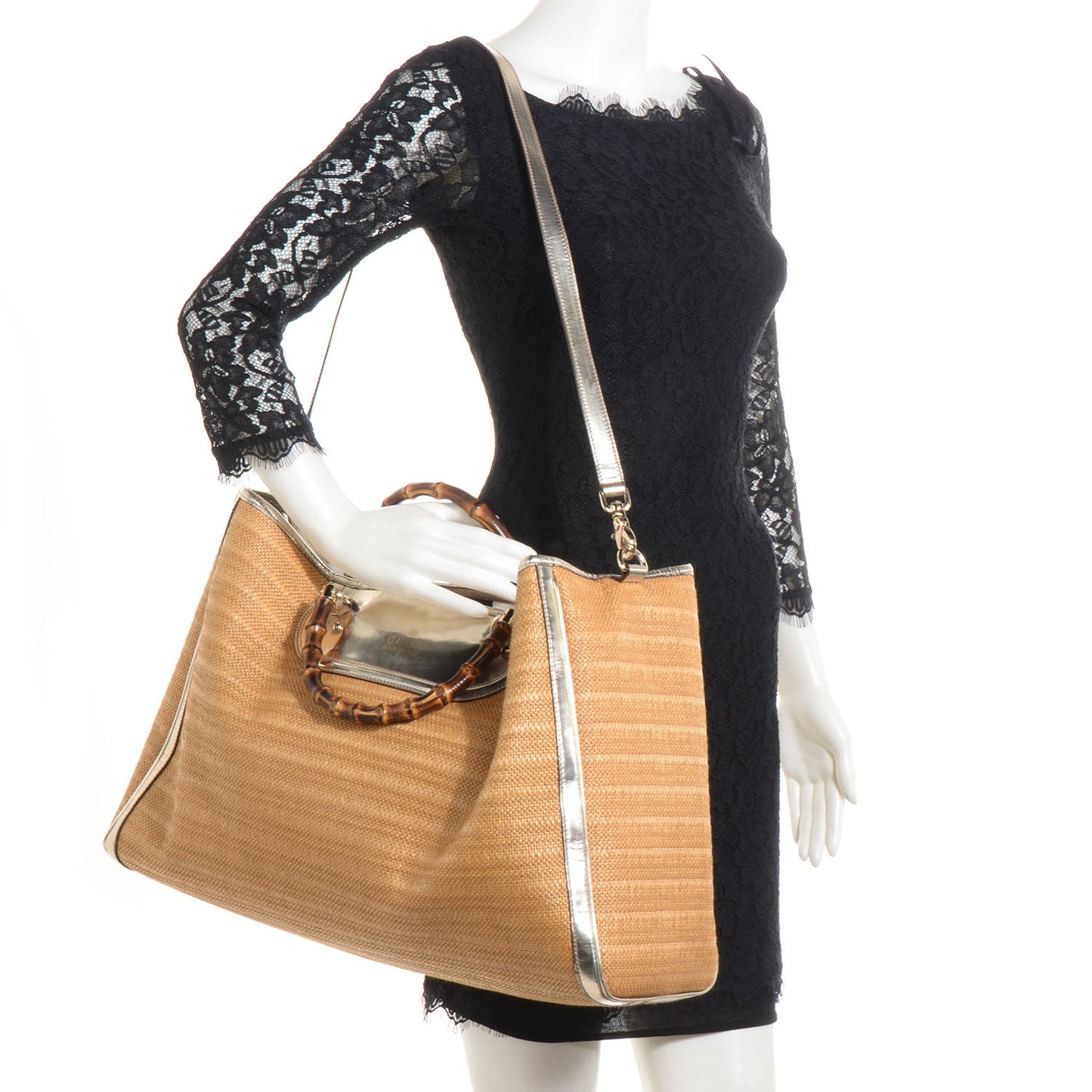 Straw Bamboo Handle Tote Silver