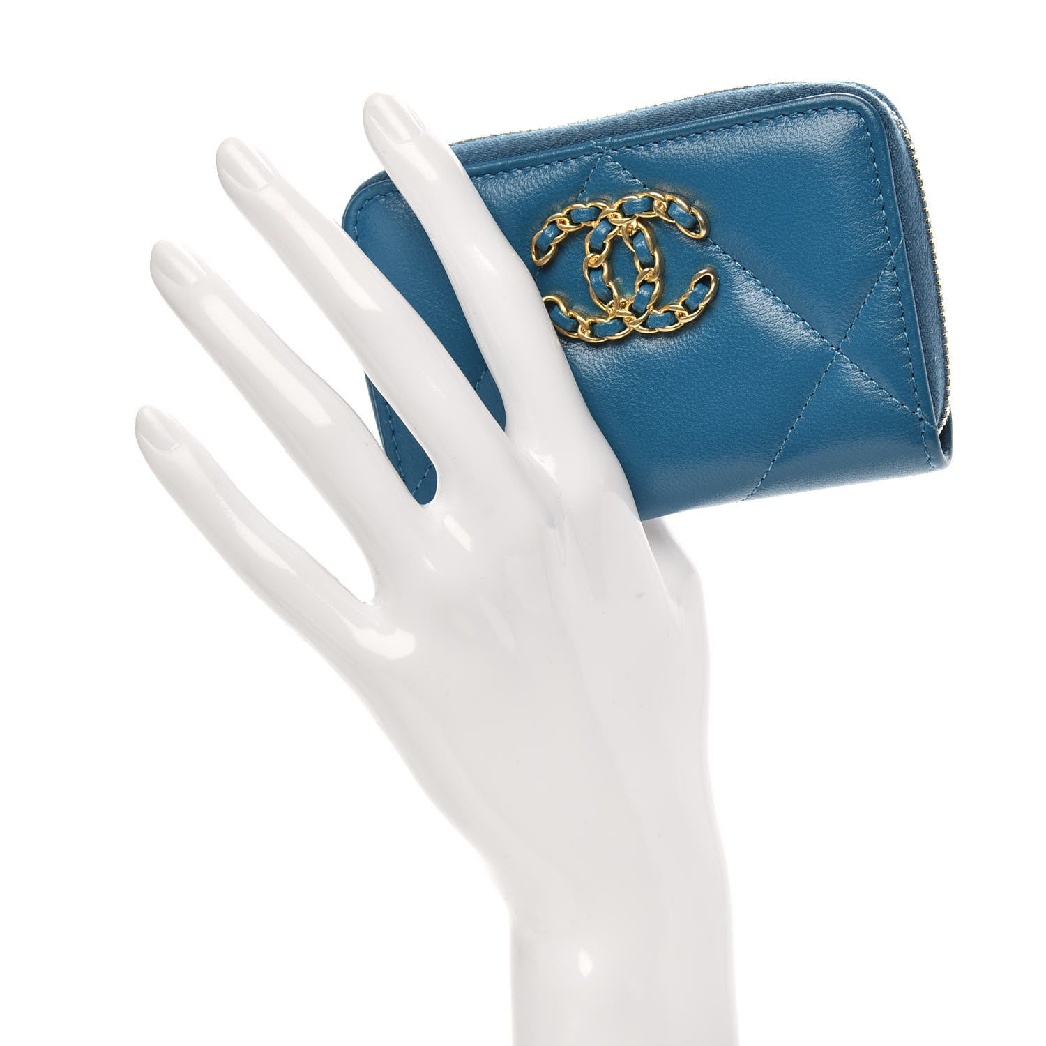 Chanel Goatskin Quilted 19 Zip Around Coin Purse Wallet Turquoise 2 of 9