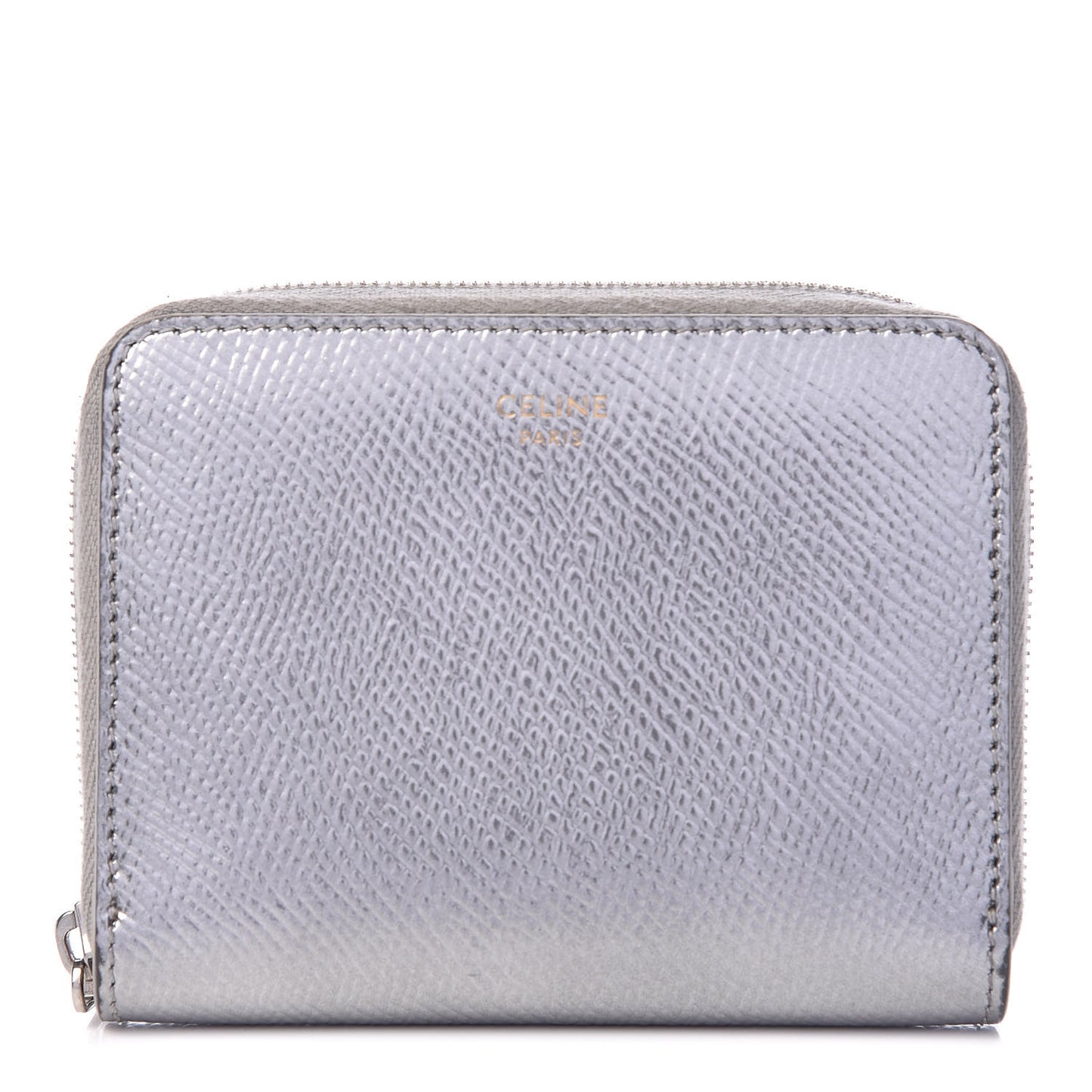 Laminated Grained Calfskin Compact Zipped Wallet Silver