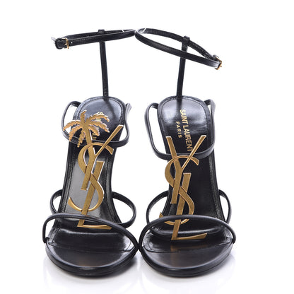 Saint Laurent Calfskin Cassandra Palm Logo 110 Ankle Strap Sandals 38.5 Black 2 of 8