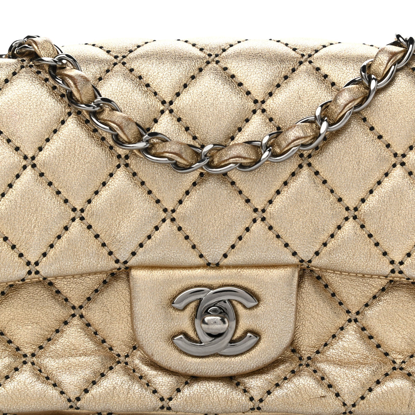 Metallic Lambskin Quilted Side Stitch Mini Rectangular Flap Gold