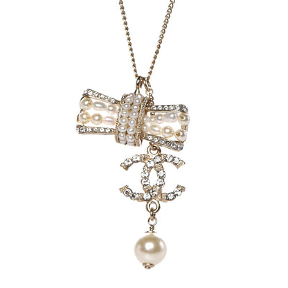 Chanel Crystal Pearl CC Bow Necklace Gold 5 of 5
